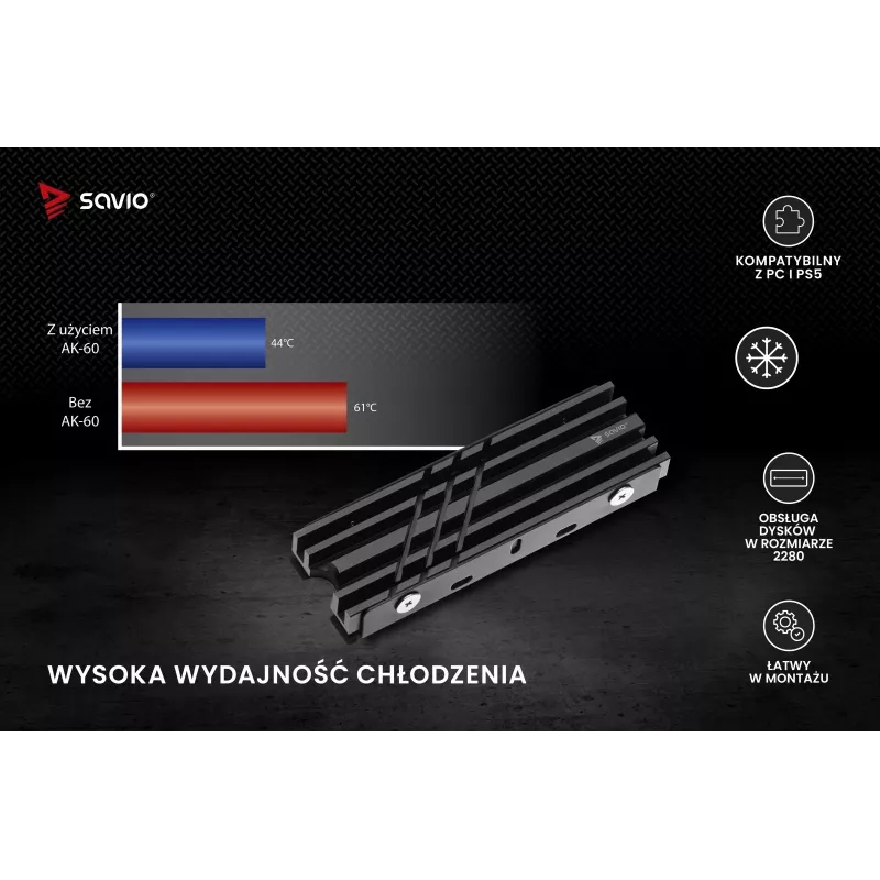 Oro aušintuvas SAVIO M.2 NVMe 2280 AK-60 juodas radiatorius 22x80 mm SSD