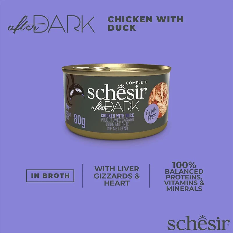 Šlapias kačių maistas Agras Pet Foods Schesir after Dark Complete Brühe 80 g — vištiena, be grūdų, be glitimo ir sojos