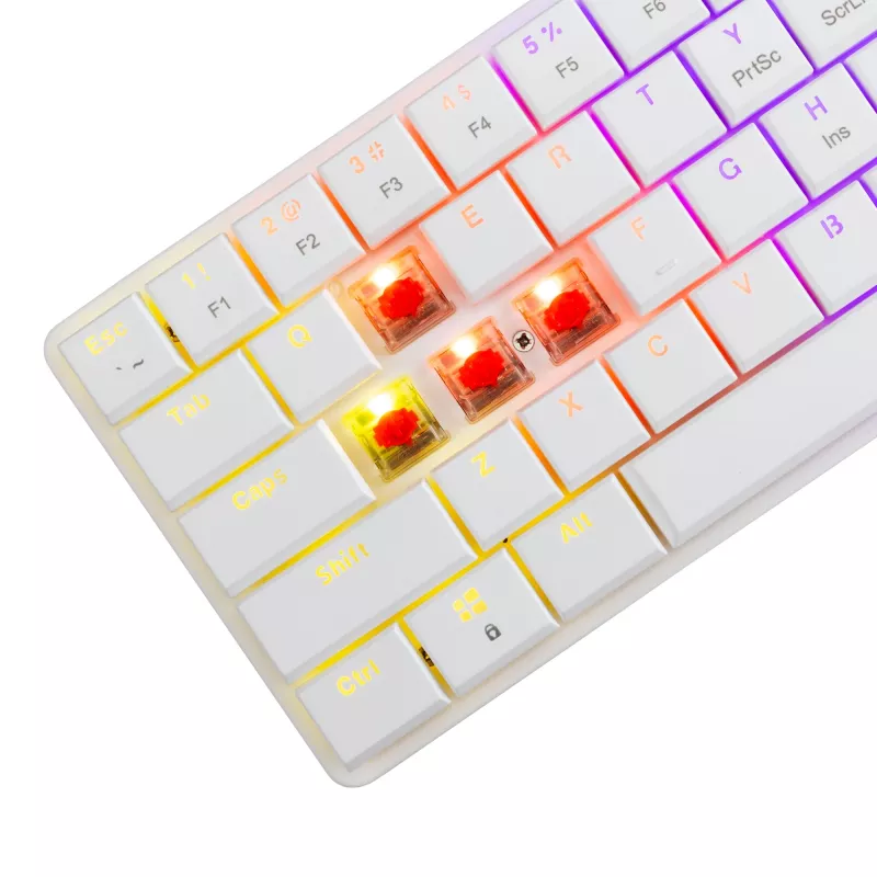 Mechaninė klaviatūra White Shark Nagamaki GK-006211 — kompaktiškas išdėstymas, raudoni mechaniniai jungikliai, baltas korpusas