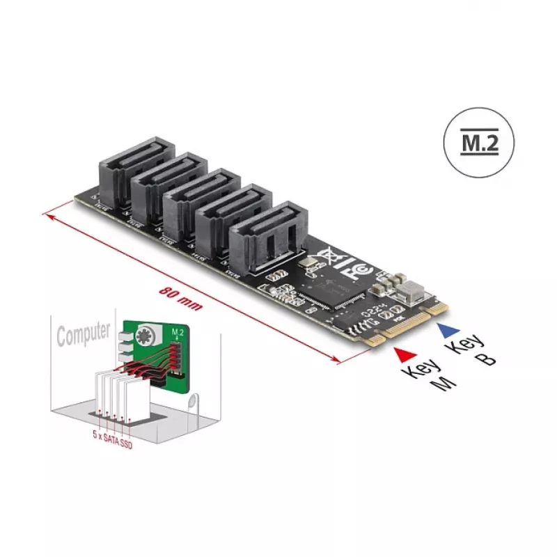 Vidinė SATA adapterio plokštė DELOCK 64241 M.2 (Key B+M) į 5x SATA su JMicron JMB585, LED indikatoriai, skirtas PC