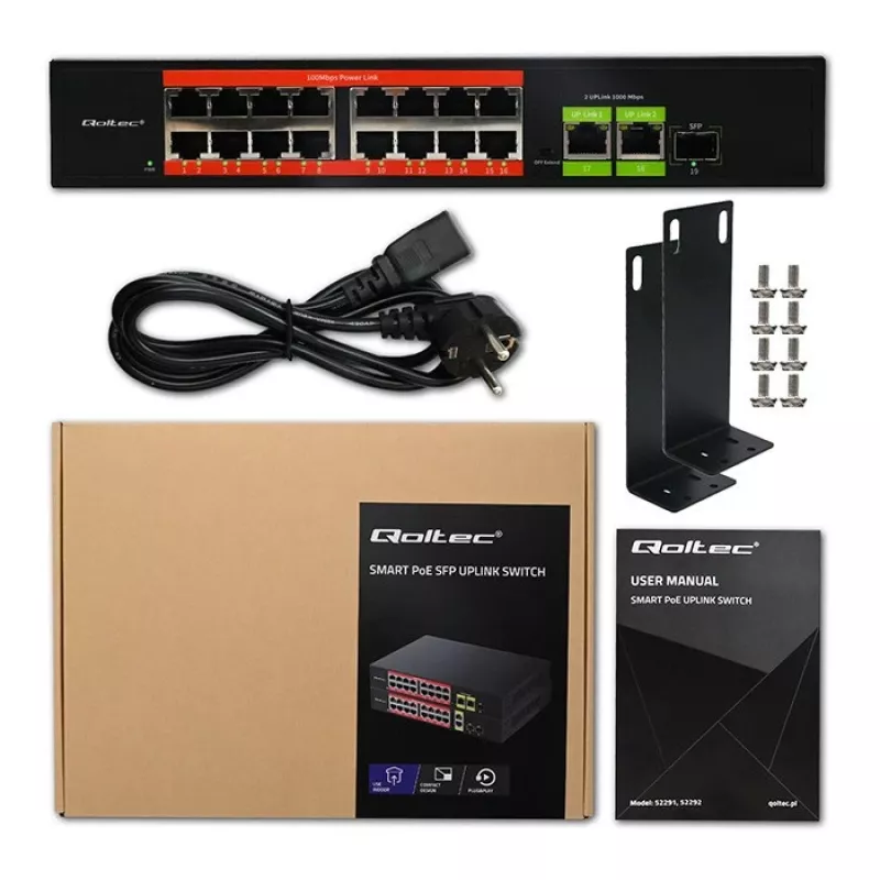 Ethernet PoE komutatorius QOLTEC 16x RJ45, 2x RJ45 uplink, 1x SFP (MPN 52291)