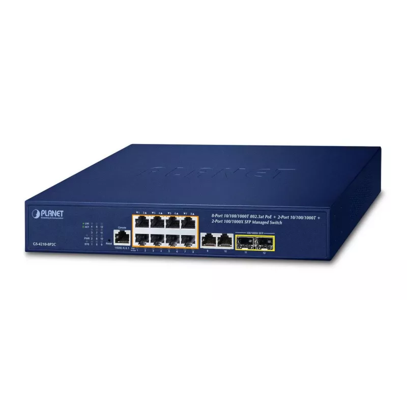 Valdomas komutatorius PLANET GS-4210-8P2C 8 prievadų L2/L4 Gigabit Ethernet PoE