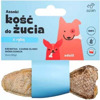 AZANKI Kaulas su krevetėmis ir juodosiomis alyvuogėmis menkės odoje, suformuotas kaip žuvis – skanėstas šunims – 12 cm