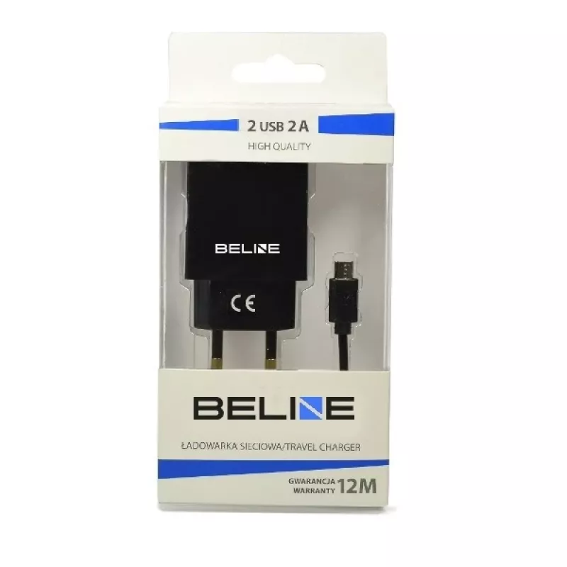Kelioninis įkroviklis Beline Beli0011 — 2×USB prievadai, microUSB laidas, 2A išvestis, juodas