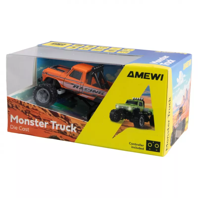 Nuotolinio valdymo monstrų sunkvežimis Amewi DieCast 1:64 RTR oranžinis, lieto metalo kėbulas, paruoštas naudojimui