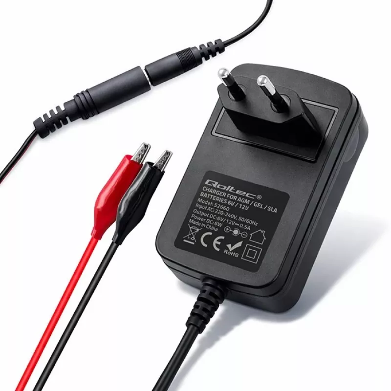 Baterijos įkroviklis QOLTEC modelis 52660 — 6V/12V, 6W įkrovimo blokas