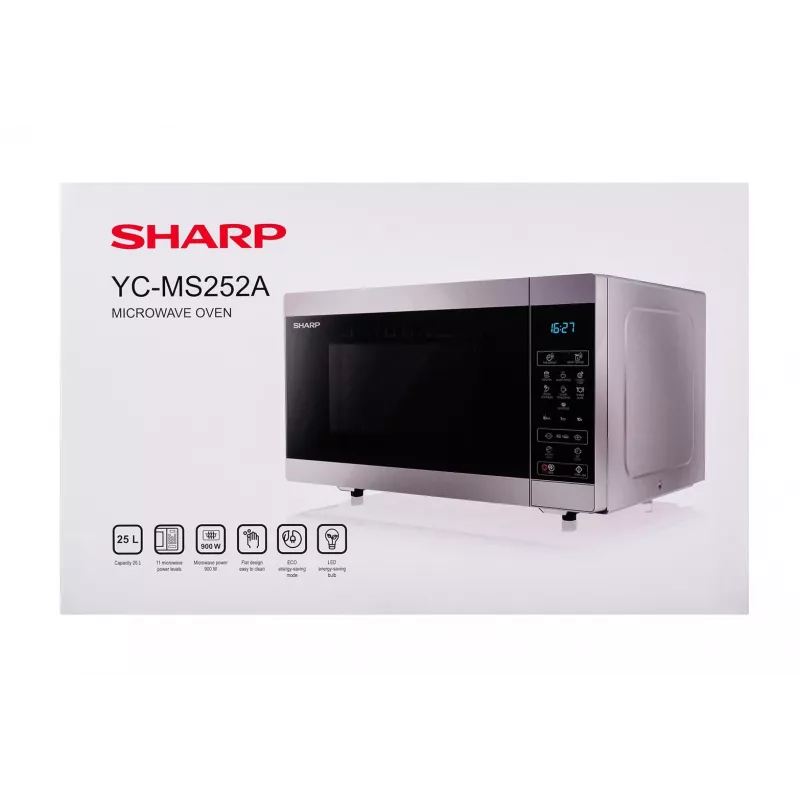 Mikrobangų krosnelė Sharp YC-MS252AE-S, pastatoma, 900 W, 25 L, 11 galios lygių, liečiamasis valdymas, sidabrinė