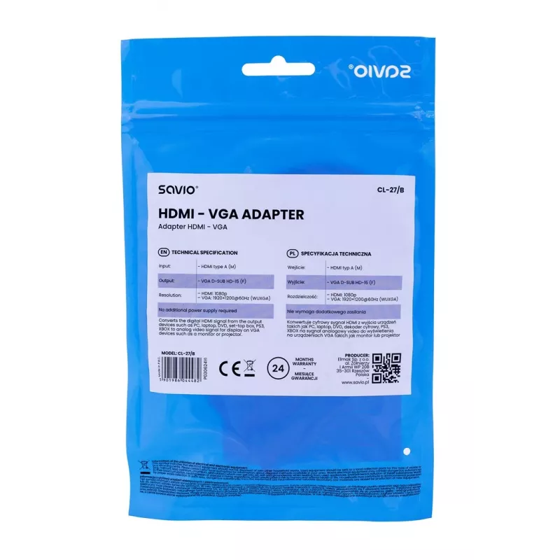 Savio CL-27B vaizdo kabelio adapteris 0.1 m HDMI Type A (Standartinis) VGA (D-Sub) Baltas