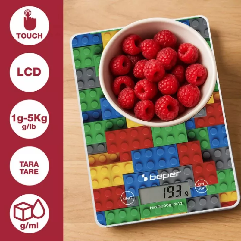 Virtuvinės svarstyklės Beper P102BIL005 - skaitmeninės, 5 kg, 1 g, spalvingos plytelės