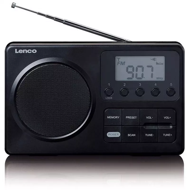Nešiojamas radijas Lenco MPR-035BK — FM/AM, maitinimas iš tinklo ir baterijų, 2,5 colio LCD, 20 FM stočių atminties, 3,5 mm išvestis