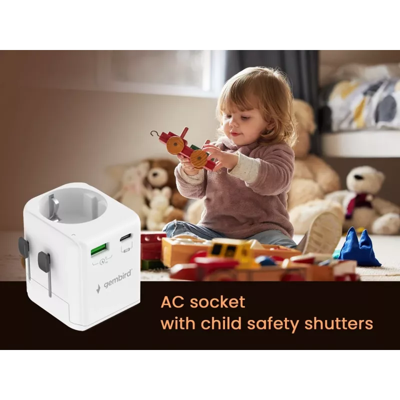 Kelioninis maitinimo adapteris GEMBIRD TPA-EU1A1C20-01-W 20W, USB-A 18W + USB-C 20W, Schuko lizdas, įėjimas 100–250V