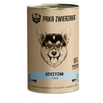 Šlapias šunų maistas PAKA ZWIERZAKA Game and Salmon 400 g — konservuotas suaugusių šunų maistas, elniena ir lašiša, baltymai 10,4%, riebalai 6,9%, drėgmė 76%