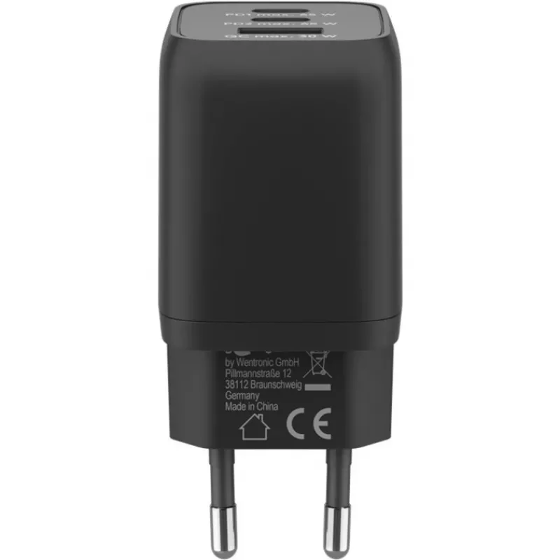 USB-C greitasis įkroviklis Nano, PD, GaN, 65 W, USB-C pintas laidas (juodas, 1x USB-A, 2x USB-C PD, greitasis įkrovimas 3.0, 1 metro laidas)