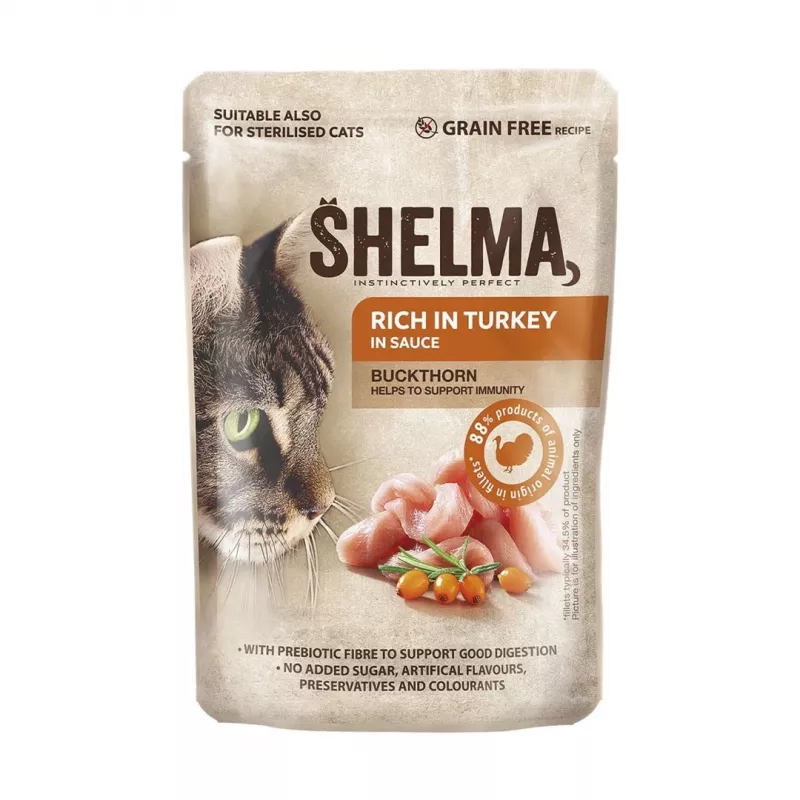 Šlapias kačių ėdalas SHELMA multipack 4×85 g — pilnavertis suaugusių kačių šlapias ėdalas, vištiena, kalakutiena, jautiena, antiena, be grūdų