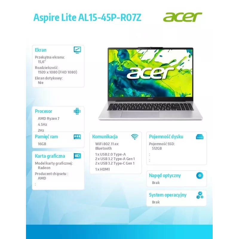 Laptop Acer Aspire Lite Ryzen 7 5825U, 15,6'' FHD ekranas, 16GB RAM, 512GB SSD
