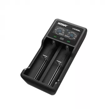 Baterijų įkroviklis XTAR VC2SL — USB 5V 1A, LCD, įkrauna 2 elementus, suderinamas su Li-Ion/NiMH/NiCd, dydžiai A/AA/AAA/AAAA/C/D/SC, juodas