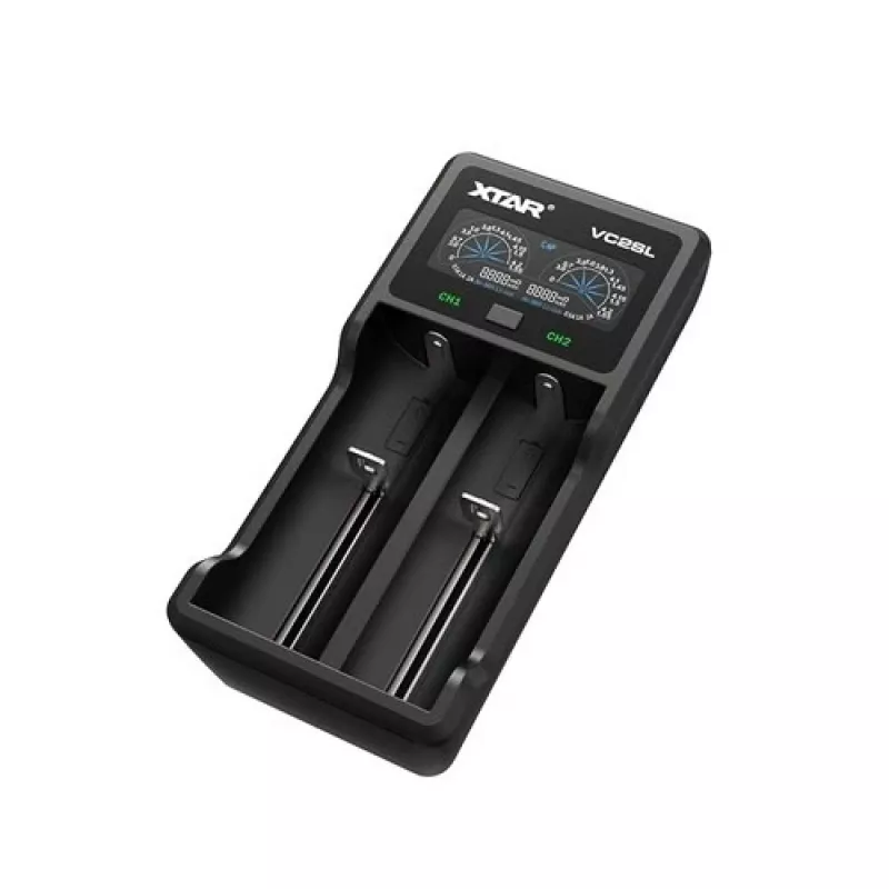 Baterijų įkroviklis XTAR VC2SL — USB 5V 1A, LCD, įkrauna 2 elementus, suderinamas su Li-Ion/NiMH/NiCd, dydžiai A/AA/AAA/AAAA/C/D/SC, juodas