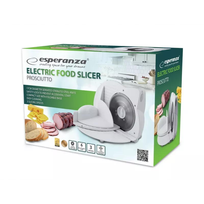 Elektrinė maisto pjaustyklė ESPERANZA EKM017W — 150 W, 17 cm nerūdijančio plieno peilis, maks. pjaustymo storis 15 mm, nerūdijančio plieno spalva, plastikinis korpusas