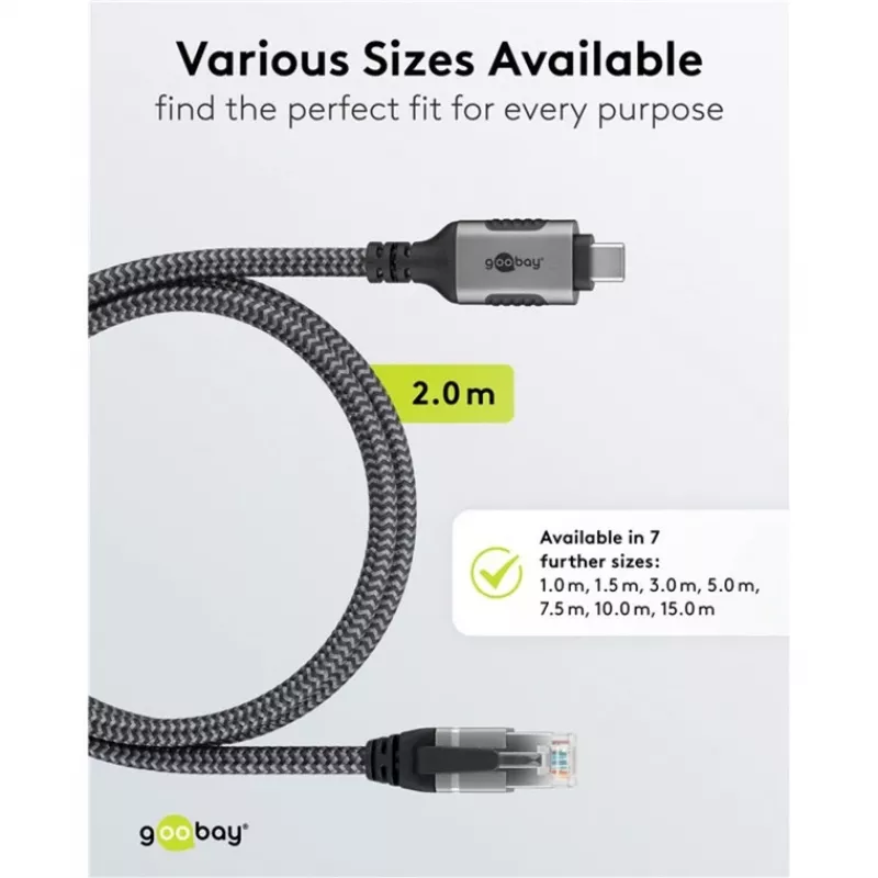 Ethernet laidas USB-C 3.2 Gen2 kištukas > RJ-45 kištukas, LAN adapteris juoda/sidabrinė, 2 metrai, pintas tekstilinis apvalkalas