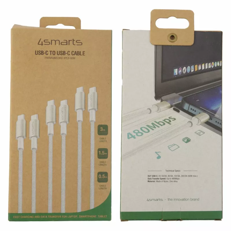 4smarts USB-C į kabelis PremiumCord 60W 3 vnt. rinkinys 0,5m+1,5m+3m Baltas - Sidabrinis, Baltas - 3 vnt. (540621)