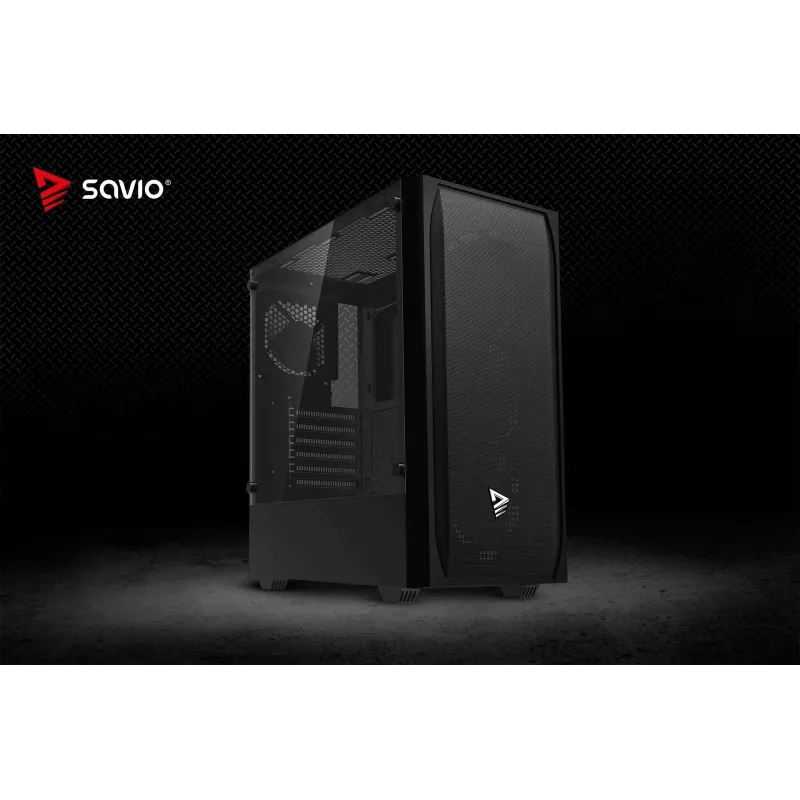 Kompiuterio korpusas SAVIO Noctis Flow — Cube Mini‑ITX/Micro‑ATX/ATX, 3x120mm priekyje, 1x120mm gale, 2x3.5 colio + 3x2.5 colio lizdai, grūdintas stiklas