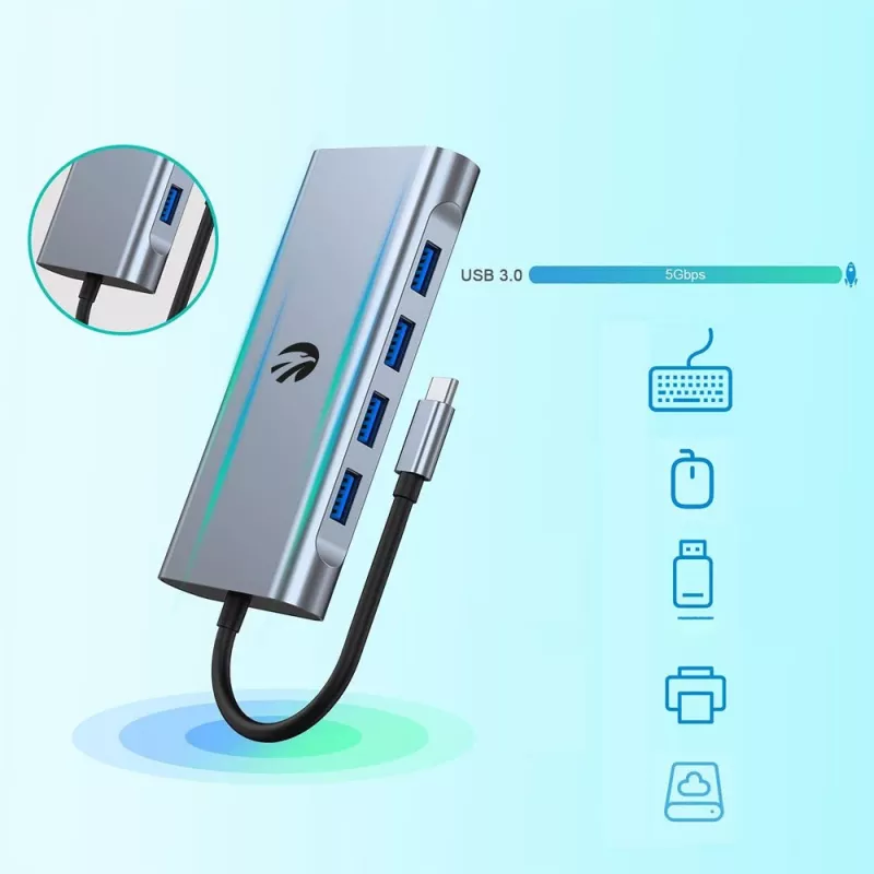 USB-C adapteris Hawk HW-HUB801 8-in-1 su HDMI ir Ethernet