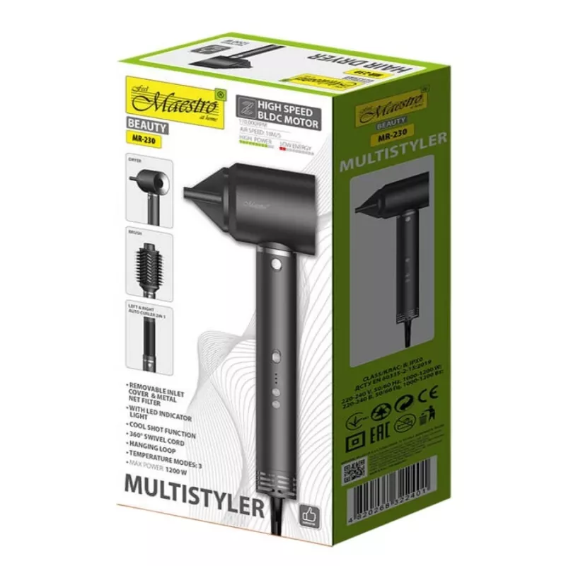 Multistyler 3in1 plaukų priežiūros rinkinys Maestro MR-230 — plaukų džiovintuvas, šepetys-džiovintuvas ir automatinis garbanojimo įrenginys, 1200 W, BLDC variklis, 3,5 cm garbana, 2 šilumos lygiai, juodas