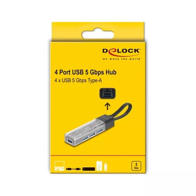 DELOCK USB 3.2 Gen 1 (3.1 Gen 1) 4 prievadų šakotuvas su Type-A + Type-C priegloba (5000 Mbit/s) juodas/skaidrus