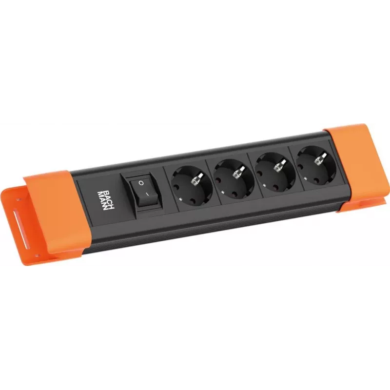 Maitinimo šakotuvas Bachmann CONNECTUS su 4 CEE 7/3 lizdais, 1 jungikliu, 2,0 m laidu, CEE7/7 kištuku, juodos/oranžinės spalvos