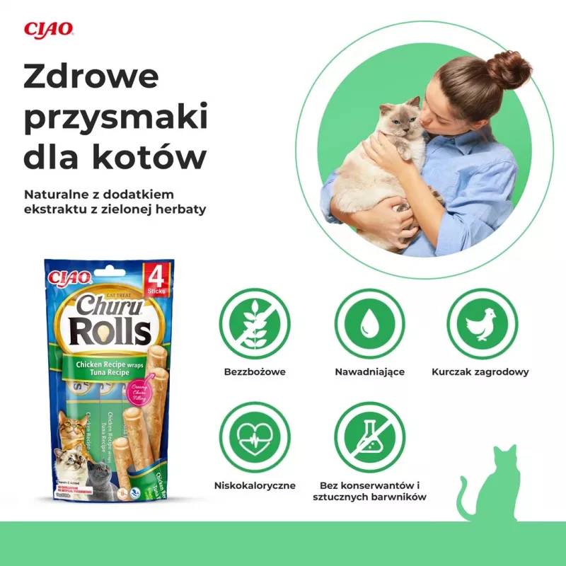 INABA Churu Rolls vištienos recepto suktinukai su tuno receptu - kačių skanėstai - 4x10 g