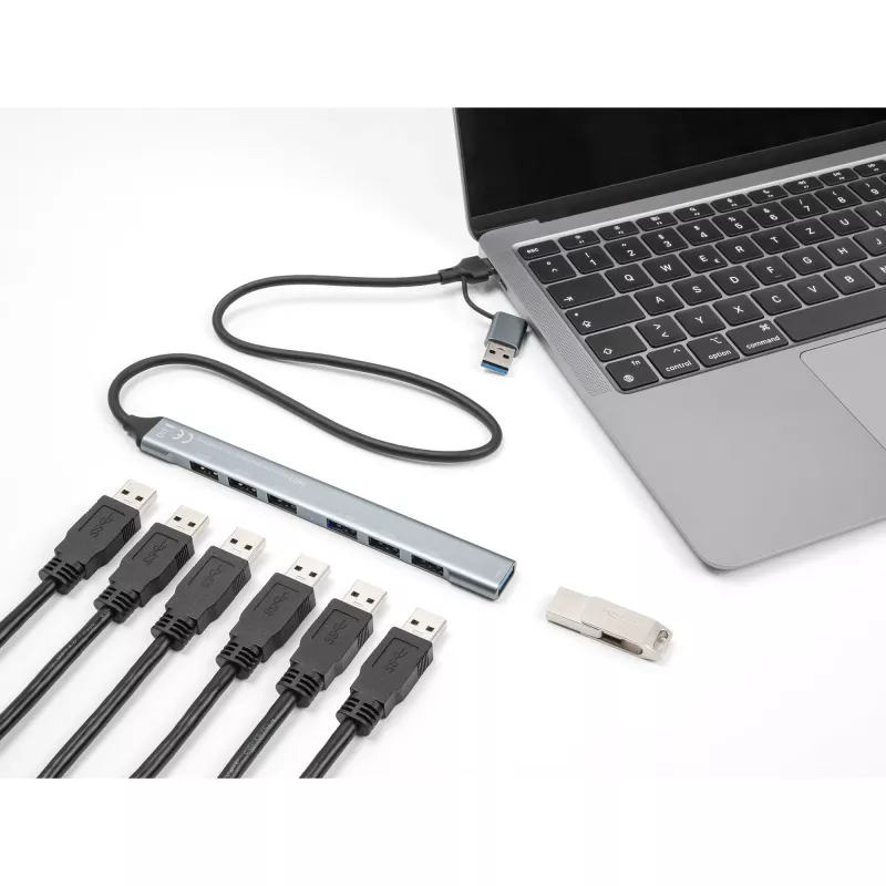 DELOCK 4 prievadų plonas USB šakotuvas — USB 3.2 Gen 1 priegloba Type-C, 3× USB 5 Gbps Type-C + 1× USB 5 Gbps Type-A, pilkas, metalinis