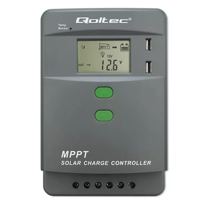 MPPT saulės energijos įkrovos reguliatorius QOLTEC 10A 12V/24V sistemoms su LCD ekranu