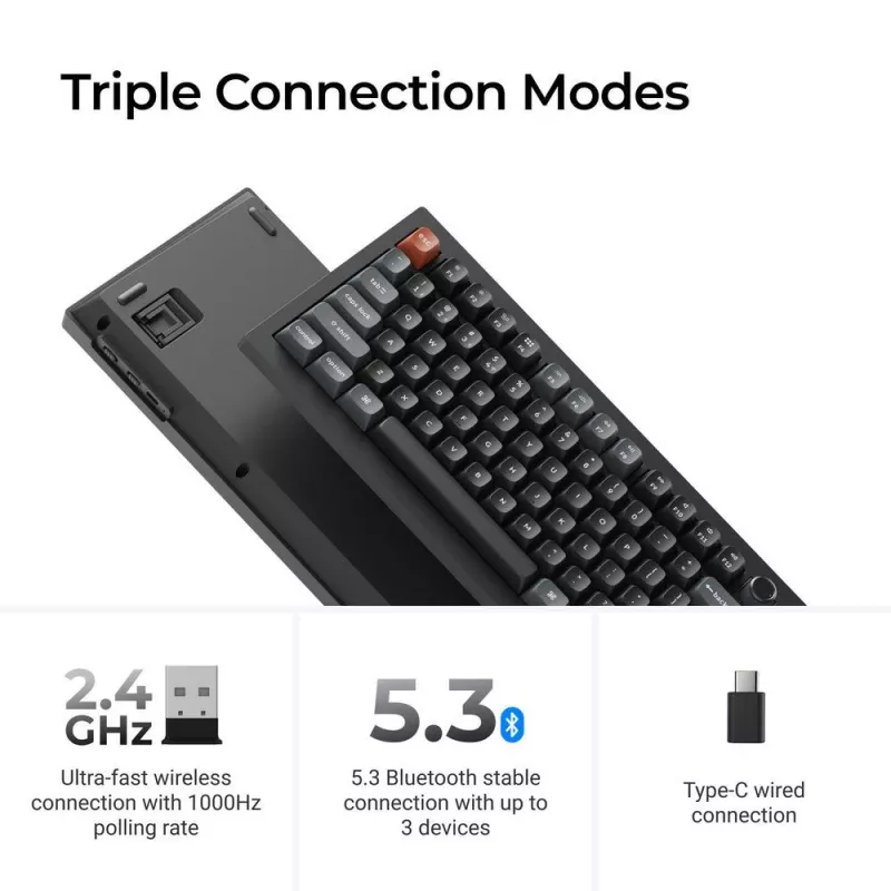 Mechaninė klaviatūra Keychron V3 Ultra 8K — laidinė ir Bluetooth, QWERTY išdėstymas, RGB LED, juoda