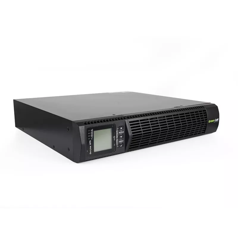 Nepertraukiamo maitinimo šaltinis Green Cell UPS13 — internetinis dvigubos konversijos UPS, 1000 VA / 900 W, gryna sinusinė banga, 6 kintamosios srovės lizdai, LCD, 2×12V 9Ah baterijos