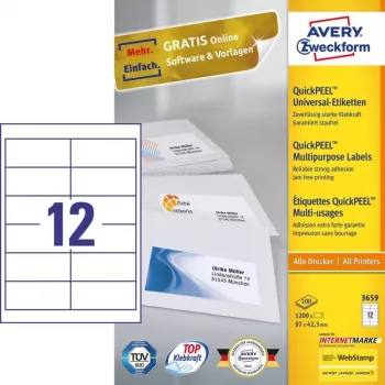 Avery 3659 lipnios etiketės Stačiakampė Nuolatinė Balta 1200 vnt.