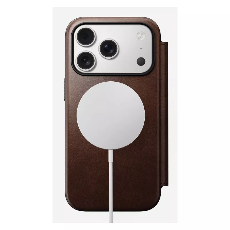 Mobiliojo telefono dėklas Nomad Modern Leather Folio, skirtas iPhone 17 Pro, oda/aliuminis, 16 cm (6,3 colio) rudas, 4 kortelių skyreliai