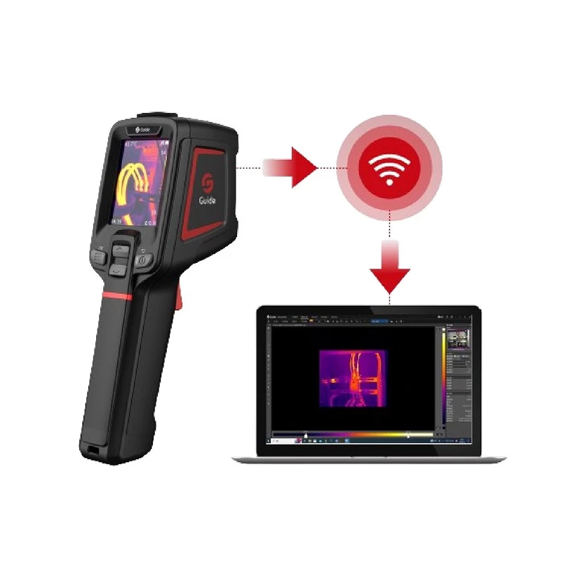 Šiluminio vaizdo kamera Guide Sensmart E1+ — 120×90 px terminis jutiklis, 240×180 px maks., 2,4 colio LCD, Wi‑Fi, IP54, -20–550°C
