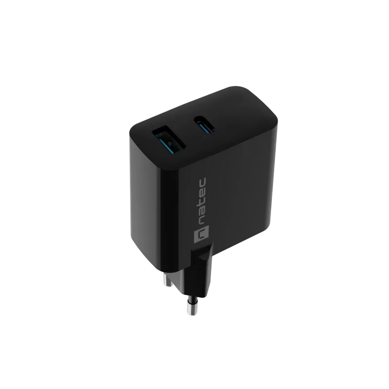 Laidus mobilusis įrenginių įkroviklis NATEC NUC-2145, 65 W, USB-C PD 3.0 + QC 3.0, 1x USB-C, 1x USB-A, 110–240 V, juodas