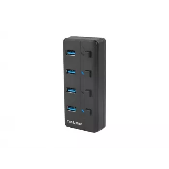 USB šakotuvas NATEC MANTIS USB 2.0 Type-B — 4x USB 3.2 Gen 1 Type-A prievadai, juodas, 0.8 m laidas, kintamosios srovės adapteris, maitinimo jungiklis