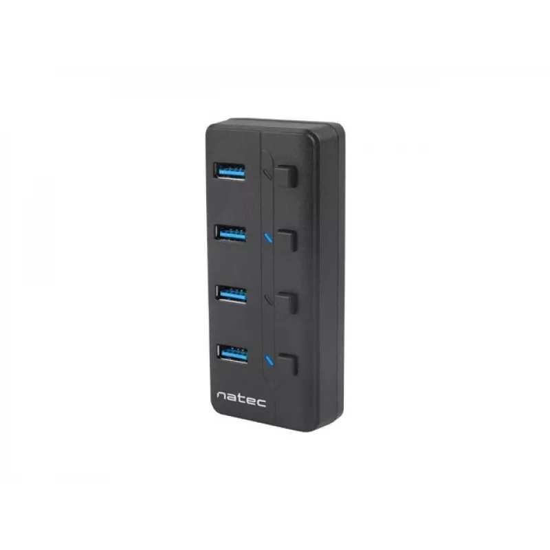 USB šakotuvas NATEC MANTIS USB 2.0 Type-B — 4x USB 3.2 Gen 1 Type-A prievadai, juodas, 0.8 m laidas, kintamosios srovės adapteris, maitinimo jungiklis