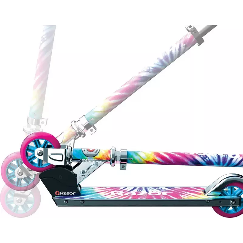 Vaikiškas paspirtukas Razor A Tie-Dye — aliuminis sulankstomas 2 ratų paspirtukas, reguliuojama vairo kolonėlė, ABEC-5, maksimali apkrova 65 kg