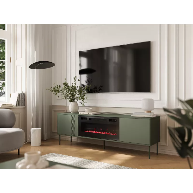 Cama Meble TV spintelė su židiniu TRESSE 180x40x54,5 cm — matinės žalios spalvos viršus, medžio drožlių plokštė