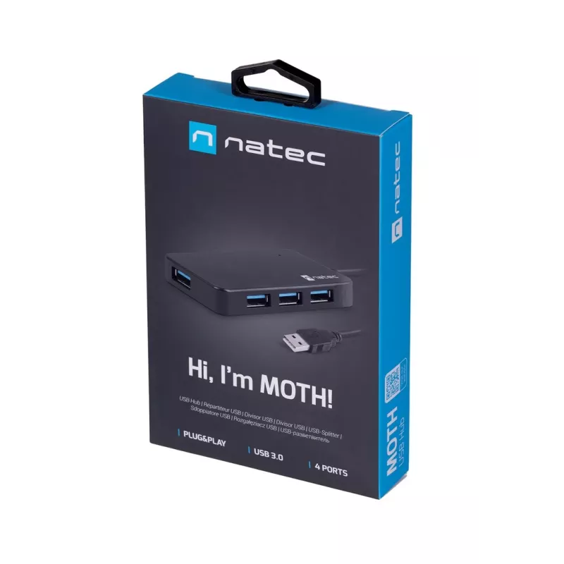USB šakotuvas NATEC Moth 4 prievadų USB 3.2 Gen 1 Type-A (5000 Mbit/s), maitinamas per USB, juodas, 0,15 m laidas