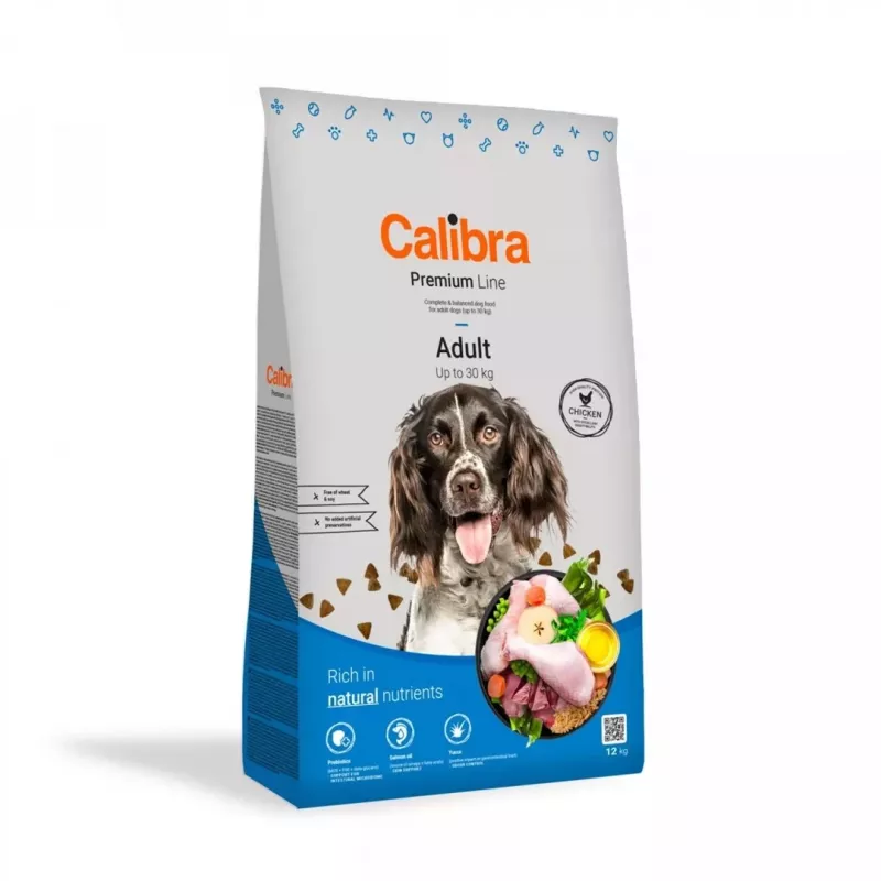 Sausas šunų ėdalas Calibra Premium Line Adult Chicken 12 kg — suaugusių šunų priežiūros formulė, 24% baltymų, 13% riebalų