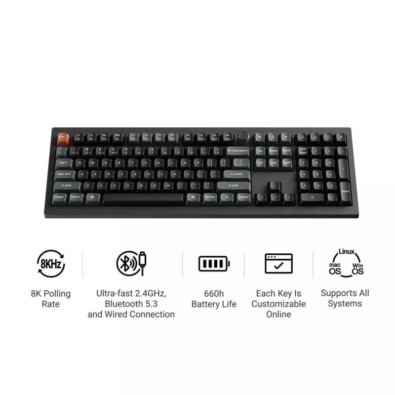 Mechaninė klaviatūra Keychron V6 Ultra 8K — Pilno dydžio 100% QWERTY, Bluetooth, RGB, juoda