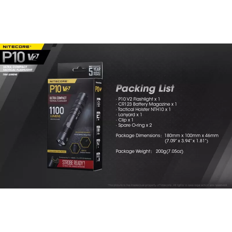 Taktinis žibintuvėlis Nitecore P10 V2 — 1000 lm, IP68 atsparus vandeniui, smūgiams, 95 g, suderinamas su 18650/CR123