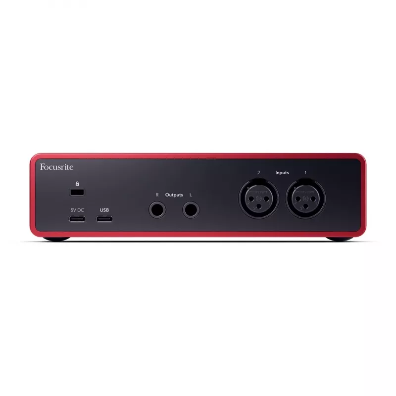 Garso sąsaja Focusrite Scarlett 2i2 4-os kartos — 2 į/2 iš USB-C, 24 bitų/192 kHz, 69 dB priešakiniai stiprintuvai, stalinė, juoda/raudona