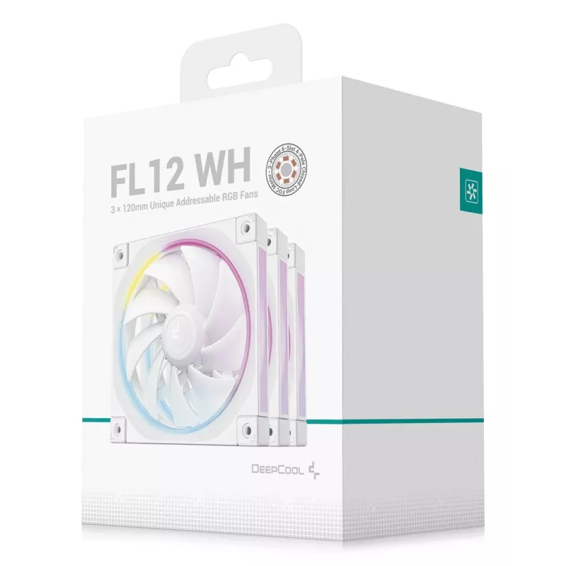 12 cm korpuso ventiliatorius DeepCool FL12 WH — 3 vnt. rinkinys, 120×120×25 mm, 2150 RPM, 55 CFM, Fluid Dynamic Bearing, PWM, multi-LED, 4-pin