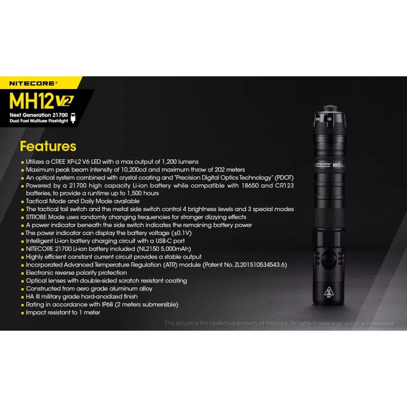 Rankinis žibintuvėlis Nitecore MH12 V2, juodas