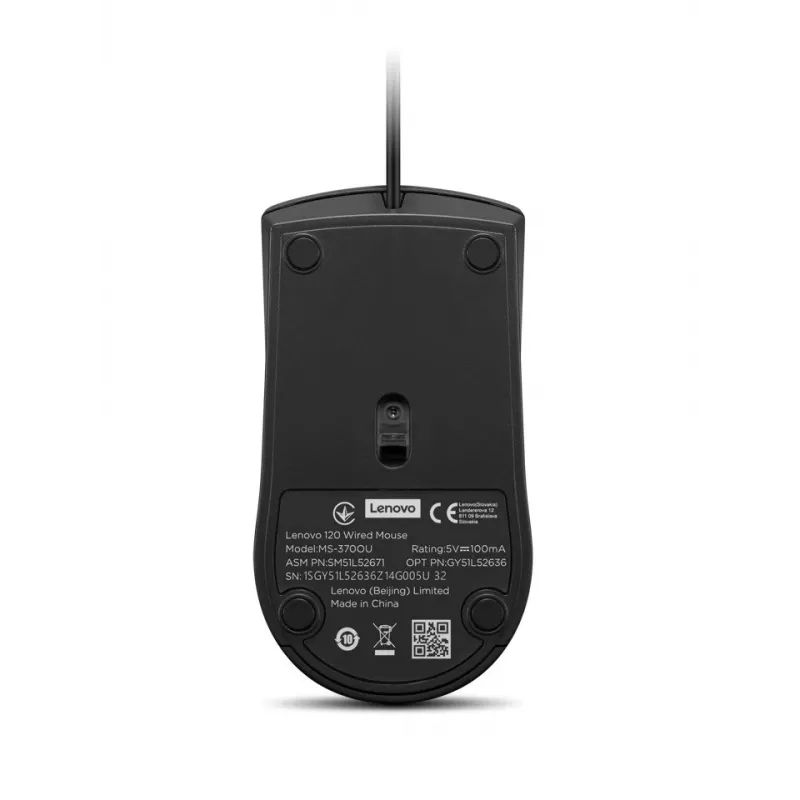Laidinė USB-A pelė Lenovo 120 — juoda, abiem rankoms tinkama, 1600 DPI, 3 mygtukai, 1,5 m laidas